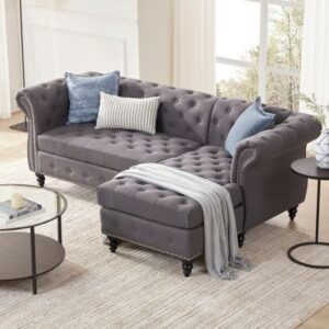 4-Seater Light Grey L-Shaped Chesterfield Sofaset