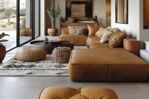 Tan Microsuede L-Shaped Chesterfield Sofaset
