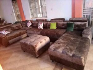 7-Seater Linen Upholstered Chesterfield U-Shaped Sofa Set