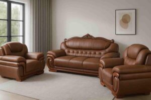 7 Seater Giant leather sofaset with wooden trim