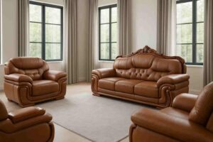 7 Seater Giant leather sofaset with wooden trim